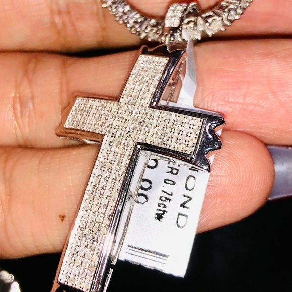 White gold vermeil real diamond tennis chain w real diamond cross pendant not CZ - Picture 3 of 3